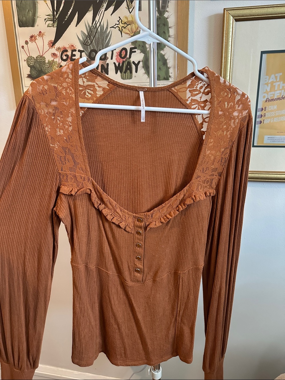 Free People Lace-Trim Ribbed Long-Sleeve Top - Rust